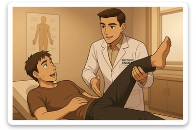 fai un webtoon manga a colori con questo stile, in cui un uomo è steso sul lettino medico e il kinesiologo con il camice bianco (fagli anche la scritta "ANTONIO ANANIA" SUL CAMICE, gli solleva una gamba per fargli il test neuromuscolare, IL KINESIOLOGO SPIEGA ALL'UOMO UNA cosa mentre gli alza la gamba. non fare i fumetti però, fai solo in modo che sembri stiano parlando sticker
