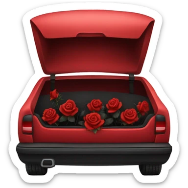 red open car trunk with black roses left in it sticker