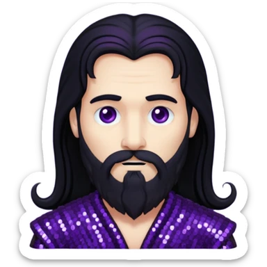 Pluto, God of Death from Gods and Goddesses with long black hair and beard, deep purple sequin outfit sticker