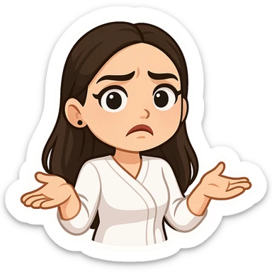 Create a chibi sticker of the girl from the reference image with a questioning expression and gesture like 'what the heck?'. Use 3D bitmoji style with a white outline and transparent background. sticker
