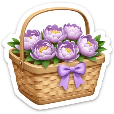 White Picnic basket with lilac bow and white peonies inside sticker