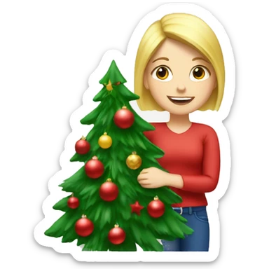 Blond Girl decorating a Christmas tree sticker