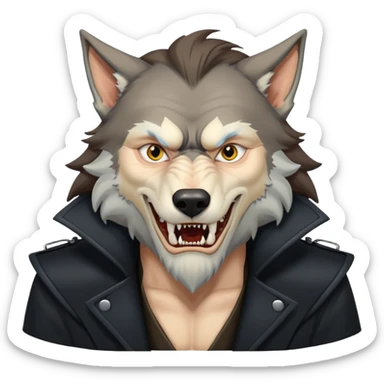 Fenrir Greyback in harry potter, black open chest coat, wolf face, pointed ear, bared teeth sticker