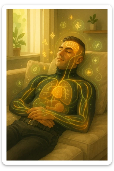 Uomo sdraiato su un divano nel primo pomeriggio, mentre fa un breve riposino. Il suo corpo appare parzialmente trasparente o stilizzato, con luce calda e flussi energetici dorati e verdi che scorrono attraverso muscoli, cervello, e organi. Intorno a lui si vedono piccoli simboli di rigenerazione: cellule che si rinnovano, tessuti che si illuminano, aura rilassata. L'ambiente è calmo e ordinato, luce naturale che entra da una finestra, atmosfera rigenerante, stile realistico con accenti metaforici. sticker