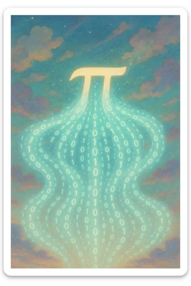  combine the π (pi) math symbol, binary code, and digital mist emerging from it. sticker