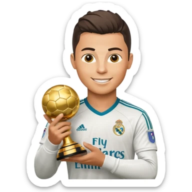 Cristiano Ronaldo in Real Madrid soccer uniform holding the Golden Ball trophy sticker