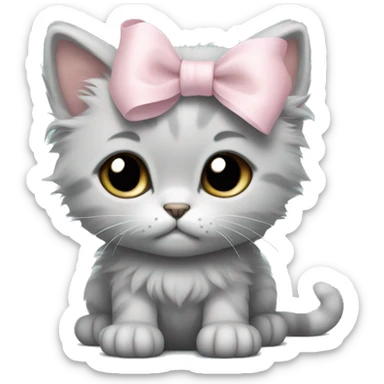 sad big fluffy light gray kitten with pale pink bow sticker