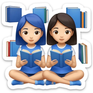 two asian girls sitting reading blue books sticker