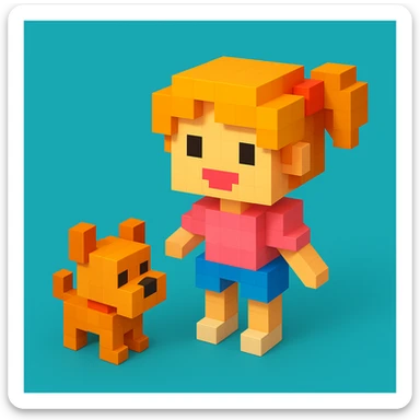 create a voxel style 3d image girl and  her dog, colored background sticker