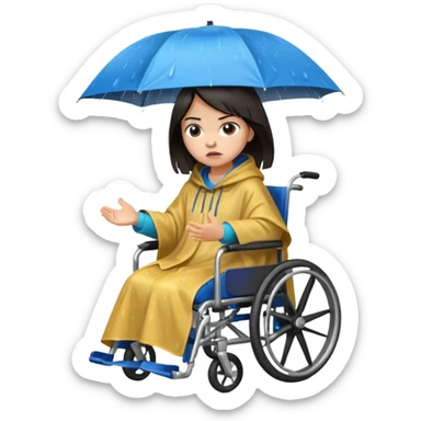 Girl with dark hair  in a wheelchair with rain poncho mad with raining  sticker
