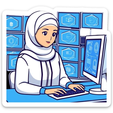 computer engineer with white hijab wearing blue clothes, working with multiple holographic screens showing digital world, virtual interfaces, metaverse elements sticker