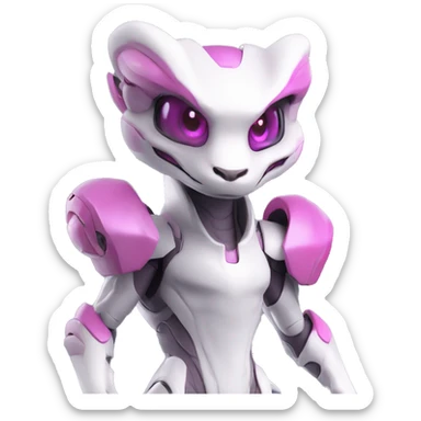 White Anthro-Lizard-Reptile-Raptor-Alien-Genesect-Mewtwo-Fakémon, with pink eyes, with a futuristic visor-helmet, wearing a techwear-suit, Full Body sticker
