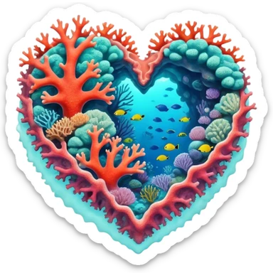 Cinematic Realistic Heart Reef Landscape Emoji, depicted with a naturally heart‚Äêshaped coral formation in vibrant marine hues, rendered with detailed underwater textures and luminous lighting. sticker
