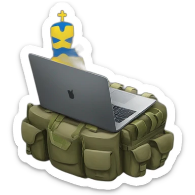 Some military gut with ukrainain flag on shouder with laptop coding sticker