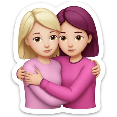 2 girls hugging each other. One is wearing white shirt and the other is wearing pink sticker