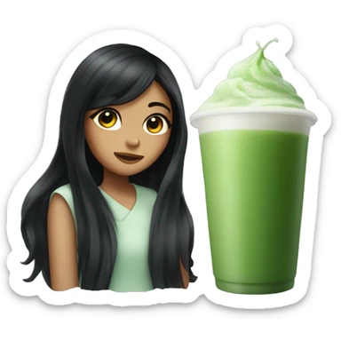 Girl with long black hair holding iced matcha  sticker