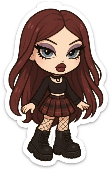 bratz-inspired emo girl, burgundy long hair, pale skin, blue eyes, dramatic eyeliner, plaid skirt and chunky boots, chibi sticker style sticker