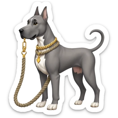 Gray Great Dane with white rope collar and rope Leash with gold accents  sticker