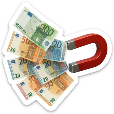 banconote di euro fluttuano vicino ad una calamita rossa, sono attratte, iperrealistico 4k sticker