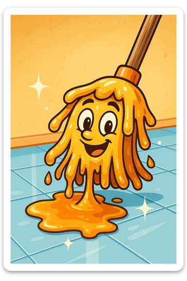 A cartoon mop with syrup dripping from it, cleaning a shiny floor, in a playful style sticker