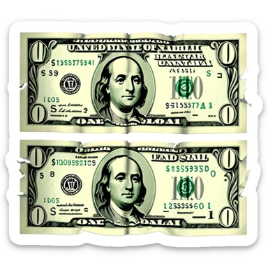 a dollar bill split in half, each side separated, clear split sticker