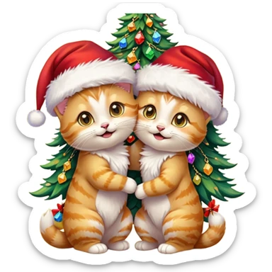 2 hazel green eyed cute hugging laughing fluffy gold twin kittens with Santa hats by a colorful multicolored brightly lit up Christmas trees wearing gold gem chains sticker