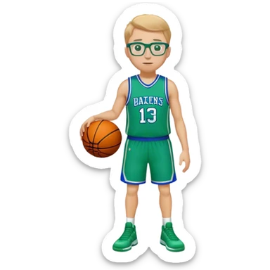 full body white male basketball player wearing glasses in blue an green uniform sticker