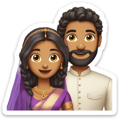 south indian girl with straight hair wearing lavender saree marrying south indian guy with curly hair and beard wearing dhoti sticker