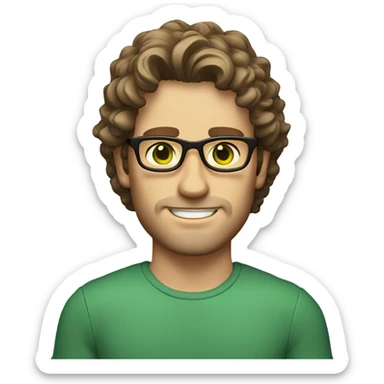 Caucasian male, shoulder length curly brown hair, green eyes, brown glasses, stubble sticker