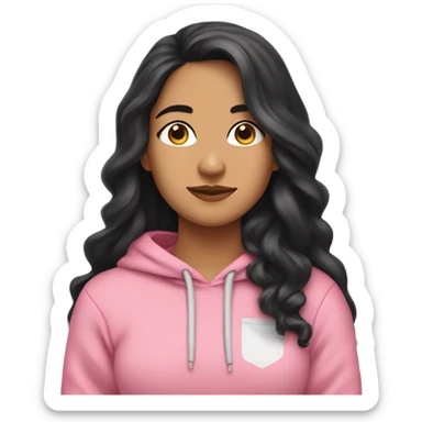 Pretty Latina girl with long black wavy hair in a pink hoodie looking down towards the left with her hands in her pocket  sticker