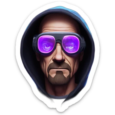 Walter White wearing a black hoodie with "OMG" letters on it and VR headset in a cyberpunk VR environment with violet neon lighting. sticker