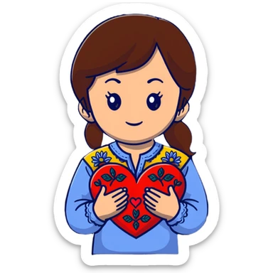 A beautiful young girl with brown hair in a Ukrainian embroidered shirt is holding a large embroidered heart sticker