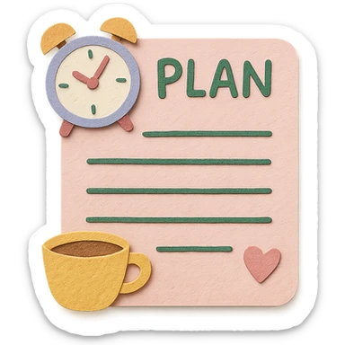 soft pastel daily planner page with coffee cup, cute clock, and heart doodles, hand-drawn style sticker