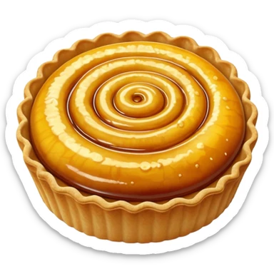 tart whole with golden crimped crust and glossy caramelized filling, soft texture, bubbling or fruit swirl, no plate or garnish, soft lighting, emoji scale sticker