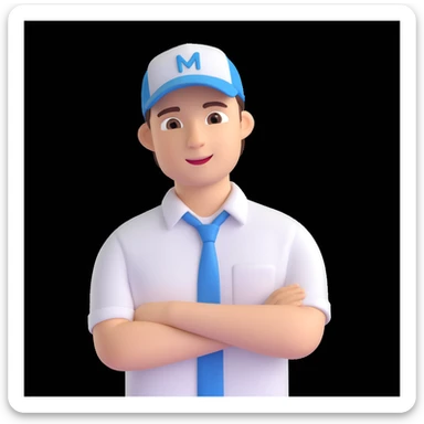 Show the millennial start-up CEO in a modern meeting room, keeping the 3D emoji style and cap and shirt outfit. sticker