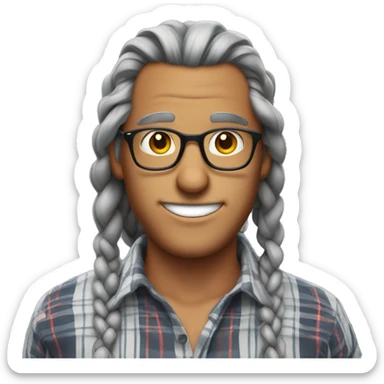 Tanned man, mid 50s with long gray braids with glasses and plaid shirt sticker
