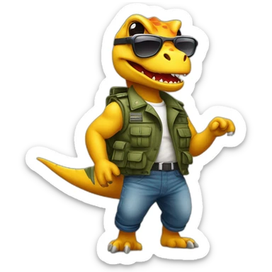 de un dinosaurio bailando con un chaleco táctico militar y gafas de sol  sticker