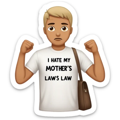 Guy wearing t shirt saying I hate my mothers law sticker