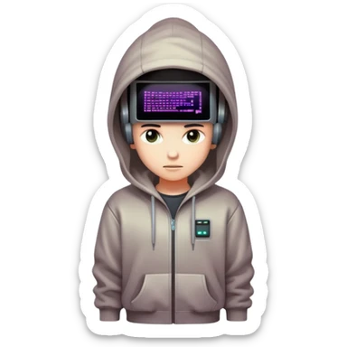 A retro-futuristic character with an old CRT monitor as a head, glowing screen, pixel glitch effects, casual hoodie or jacket, cozy cyberpunk vibe sticker