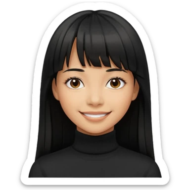 Photograph of a young woman with long, straight black hair and bangs, wearing a black turtleneck sweater. sticker