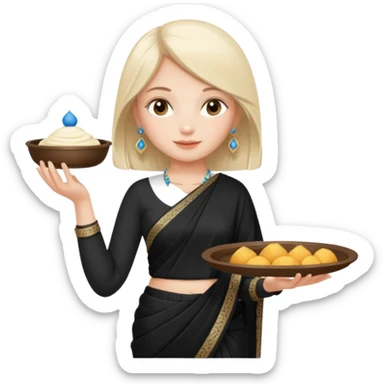 Russian girl in Indian black saree with full image from head to leg and holding one small cream colour plastic tray in her both hands sticker