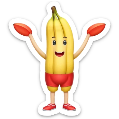 Banana with a face and arms and legs wearing red shorts  sticker
