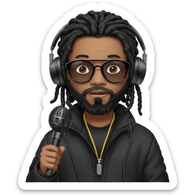 African American man with shoulder length black dreadlocks with black beard wearing dark black sunglasses wearing a black bubble coat with headphones on rapping into a recording studio microphone sticker