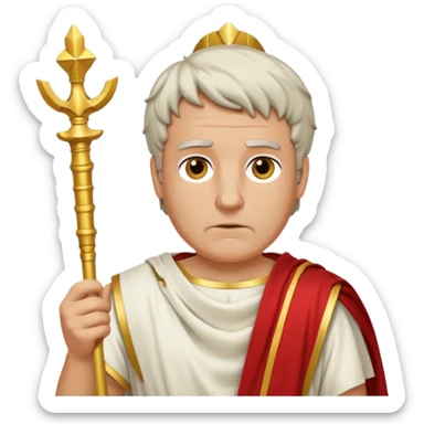 An emoji portrait of a Roman patrician. He wears a flowing white toga with a red stripe. He has a dignified expression and holds a golden scepter. sticker