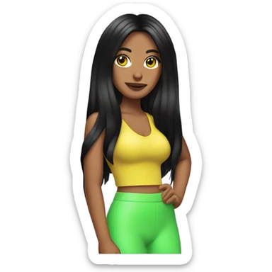 Tanned woman with long black hair dressed in Y2K pop hair, makeup, and neon attire sticker