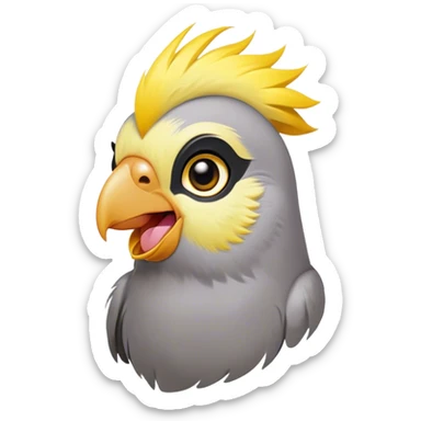 Cinematic Comical Cockatiel Portrait Emoji, Head tilted dramatically with an exaggeratedly amused expression, featuring a striking grey fur with bold yellow accents and a flamboyant crest, wide, expressive dark eyes filled with playful disbelief, Simplified yet hilariously expressive features, highly detailed, glowing with a slightly sassy glow, high shine, dramatic yet playful, stylized with an air of cheeky mischief, bright and endearing, soft glowing outline, capturing the essence of a spirited and over-the-top cockatiel, so meme-worthy it feels like it could side-eye its way into internet fame instantly! sticker