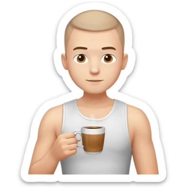 a white short guy wearing a white tank top with a buzz cut drinking a cup of coffee sticker