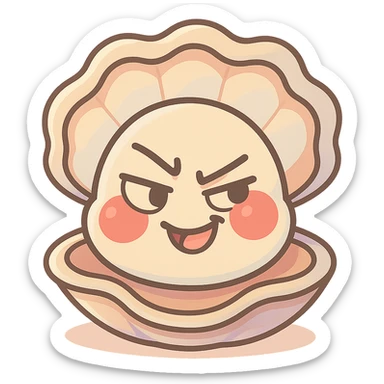 Enhance the cute oyster by adding pastel highlights, accentuating the cream and greige effect, giving more volume to the shell, making the red cheeks more luminous and soft, while keeping the mischievous expression and transparent background. sticker