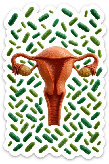 batteri intestinali fluttuano intorno ad un utero umano anatomico, iperrealistico 4k sticker