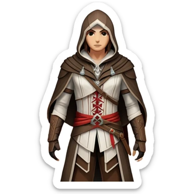 icon featuring Assasin's Creed in an iconic assassin's hood, standing tall against the backdrop of Florence. The design captures the essence of adventure, with intricate details of historical architecture and a sense of mystery. The character is poised, ready for action. transparent background. sticker